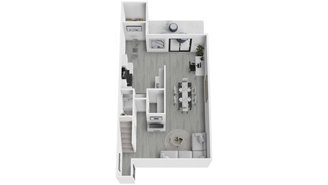 A white floor plan of a small apartment with a kitchen, living room, and bathroom.